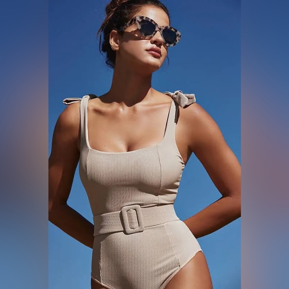 Beach Riot Beige Ribbed One-Piece Swimsuit with Belt